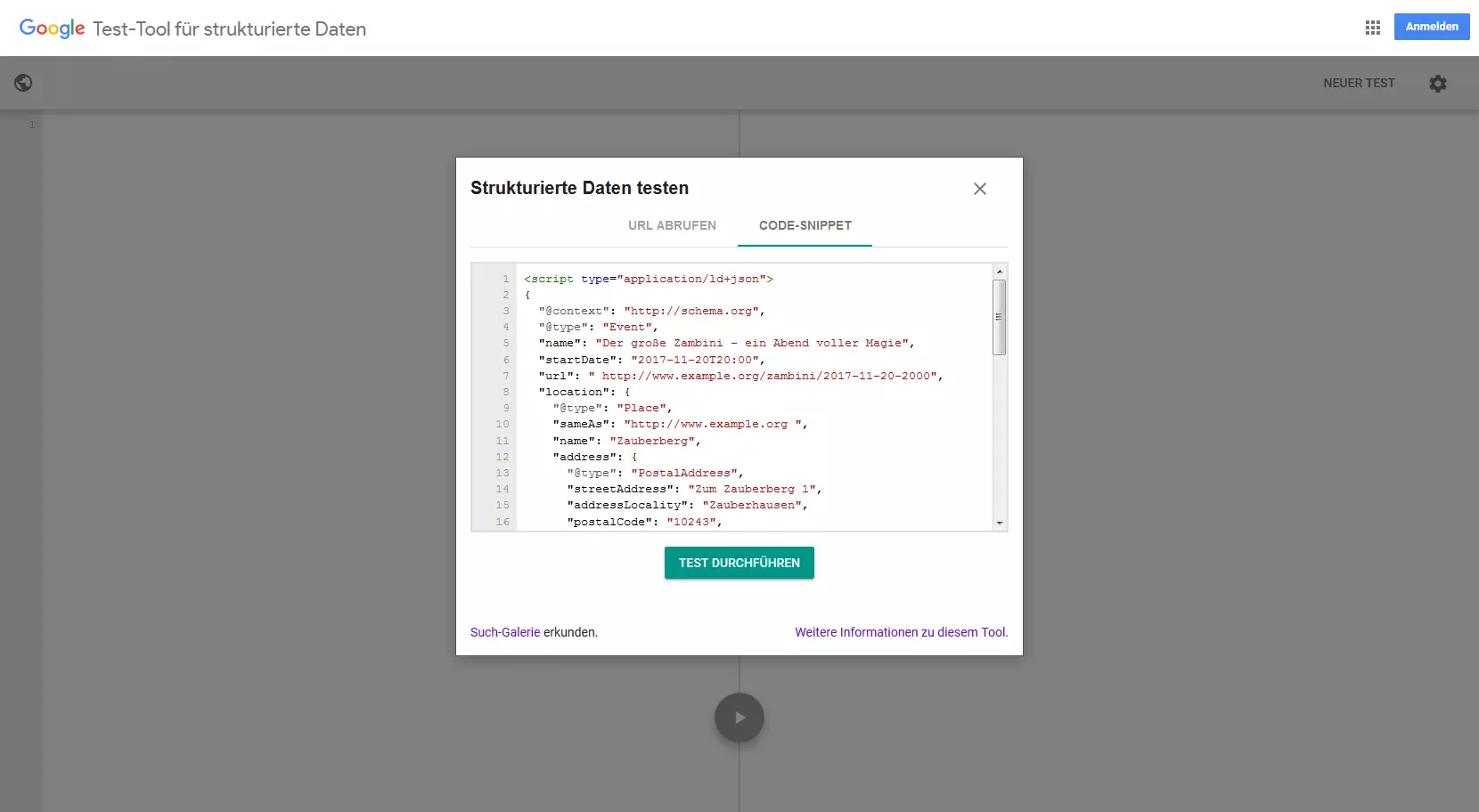Bild: JSON-LD-Code im Google Structured Data Testing Tool