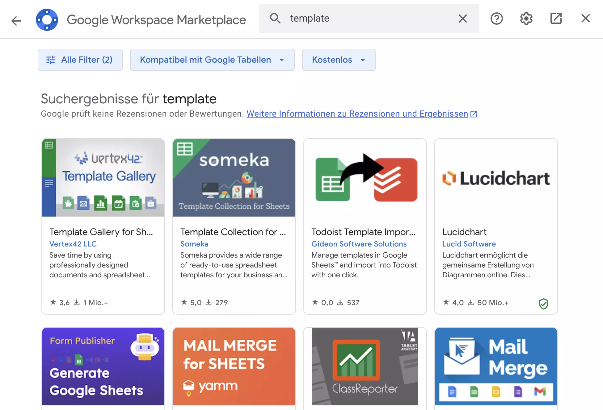 Screenshot der Add-ons für Vorlagen in Google Sheets Bild: Screenshot der Add-ons für Vorlagen in Google Sheets